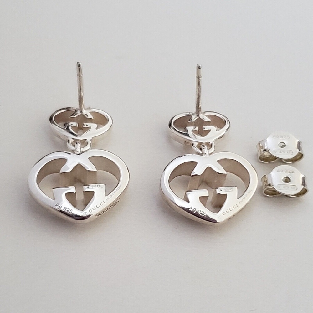 GUCCI Sterling Silver Love Britt Double G Heart Drop Earrings - Picture 5 of 7